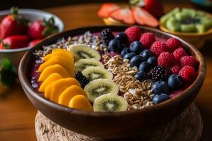 salutare gustoso prima colazione. fiocchi d'avena con frutti di bosco e frutta. neurale Rete ai generato foto