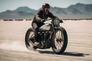 motociclista equitazione attraverso uyuni sale piatto deserto. neurale Rete ai generato foto