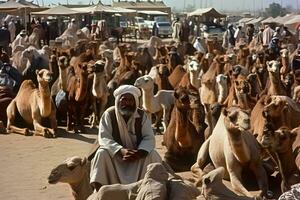 beduini e cammelli nel il bazar. neurale Rete ai generato foto