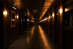 buio corridoio o corridoio con molti porte, Vintage ▾ tonica. neurale Rete ai generato foto