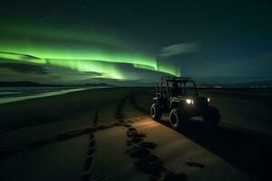 passeggino auto e settentrionale luci spiaggia. neurale Rete ai generato foto