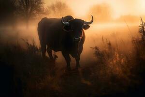 Toro nel il selvaggio, paesaggio con tramonto o Alba. neurale Rete ai generato foto