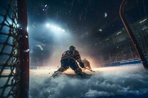 ghiaccio hockey portiere giocatore su obbiettivo nel azione. neurale Rete ai generato foto