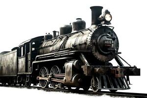 Vintage ▾ vapore locomotiva su un' bianca sfondo. neurale Rete ai generato foto