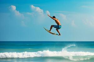 surfer su blu oceano onda ottenere canna a Alba. neurale Rete ai generato foto