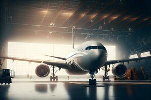 grande passeggeri aereo su manutenzione nel aeroporto hangar. neurale Rete generato arte foto