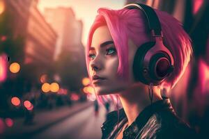 ritratto di giovane ragazza con rosa capelli ascoltando musica con cuffie su città strada. neurale Rete generato arte foto