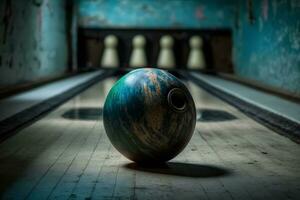 bowling palla bugie su corsia inizio posizione per bowling gioco nel club. neurale Rete generato arte foto