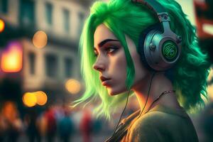 ritratto di giovane ragazza con verde capelli ascoltando musica con cuffie su città strada. neurale Rete generato arte foto