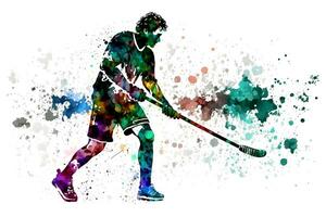 sportivo giocando hockey su acquerello arcobaleno spruzzata. neurale Rete generato arte foto