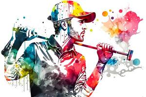 golf giocatore con acquerello arcobaleno spruzzata. neurale Rete generato arte foto