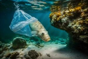 pesce e plastica inquinamento. ambientale problema - plastica contaminare frutti di mare. neurale Rete ai generato foto