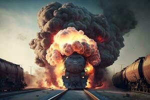 esplosione di carri a il ferrovia stazione. neurale Rete ai generato foto