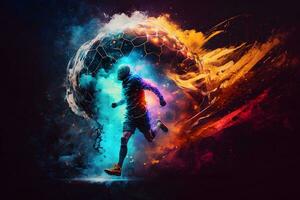 calcio giocatore calci il palla contro il sfondo di multicolore astrazione. neurale Rete ai generato foto