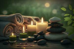 bellezza terme trattamento e rilassare concetto. caldo pietra massaggio ambientazione illuminato di candele. neurale Rete ai generato foto