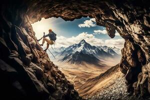 bellissimo montagna paesaggio e scalatore. neurale Rete ai generato foto