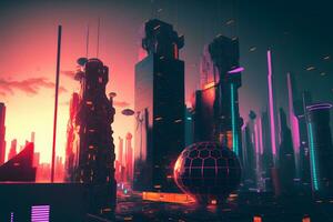 synthwave retrò paesaggio urbano con moderno futuristico edifici e neon luci. neurale Rete generato arte foto