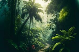 asiatico tropicale giungla foresta pluviale nel giorno. neurale Rete generato arte foto