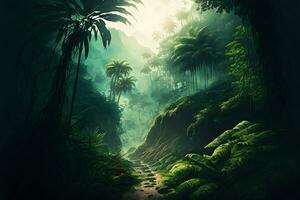 asiatico tropicale giungla foresta pluviale nel giorno. neurale Rete generato arte foto