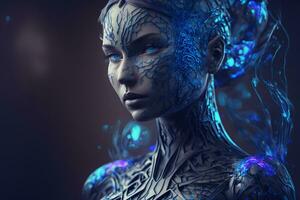 moderno futuristico femmina umanoide robot ritratto con tecnologia dettagli su viso. neurale Rete generato arte foto