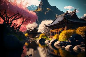 orientale paesaggio con giapponese tradizionale edificio vicino per fiume e nuvoloso montagne nel tempo di sakura fiore. neurale Rete generato arte foto