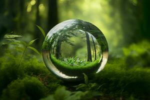 cristallo palla su verde erba con riflessione di verde vegetazione dentro. neurale Rete generato arte foto