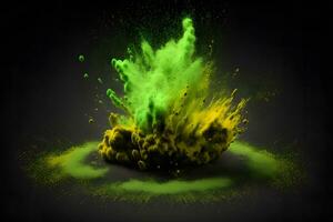 esplosione di verde e giallo colore dipingere polvere su nero sfondo. neurale Rete generato arte foto