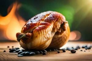 un' pezzo di pollo su un' di legno tavolo. ai-generato foto