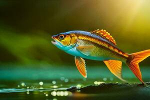 un' pesce è in piedi su il acqua con il sole splendente. ai-generato foto