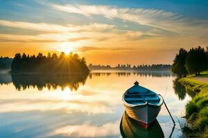 un' barca si siede su il riva di un' lago a tramonto. ai-generato foto