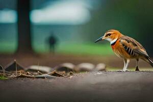 un' uccello è in piedi su il terra nel un' parco. ai-generato foto