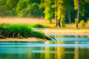 un' fiume con erba e alberi nel il sfondo. ai-generato foto