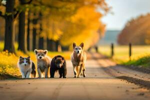 quattro cani a piedi giù un' strada nel il autunno. ai-generato foto