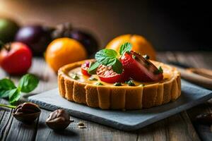 un' crostata con pomodori e basilico su un' di legno tavolo. ai-generato foto