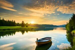 un' barca si siede su il riva di un' lago a tramonto. ai-generato foto