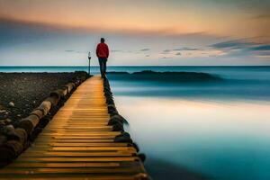 un' uomo in piedi su un' di legno molo guardare su al di sopra di il oceano. ai-generato foto