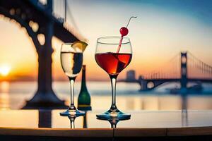 Due bicchieri di vino e un' ciliegia su un' tavolo nel davanti di un' ponte. ai-generato foto