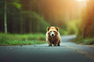 un' cane in piedi su il strada nel il mezzo di un' foresta. ai-generato foto