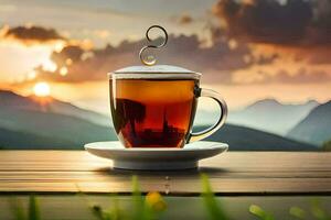 un' tazza di tè su un' di legno tavolo nel davanti di un' montagna Visualizza. ai-generato foto