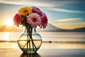 un' vaso con colorato fiori seduta su un' tavolo nel davanti di il tramonto. ai-generato foto