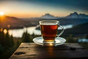 un' tazza di tè su un' di legno tavolo nel davanti di un' montagna Visualizza. ai-generato foto