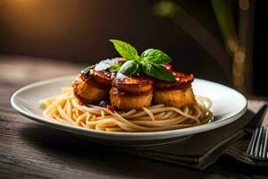 un' piatto di spaghetti con Polpette e basilico. ai-generato foto