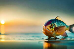 un' pesce è a piedi su il spiaggia a tramonto. ai-generato foto