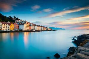 il tramonto al di sopra di il città di bergen, Norvegia. ai-generato foto