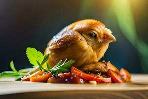 un' pollo è seduta su superiore di un' piatto con pomodori. ai-generato foto