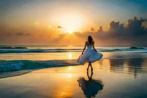 un' donna nel un' nozze vestito a piedi su il spiaggia a tramonto. ai-generato foto