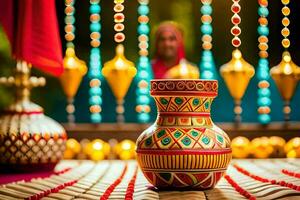 un indiano nozze decorazione con colorato perline e un' vaso. ai-generato foto