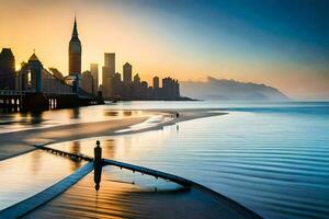 un' uomo sta su il spiaggia a tramonto con il città nel il sfondo. ai-generato foto