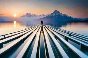 un' uomo sta su un' molo guardare su al di sopra di un' lago. ai-generato foto