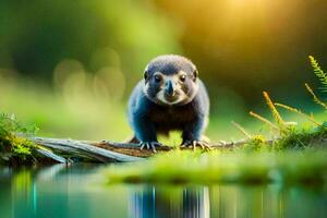 un' piccolo animale è in piedi su un' log nel il acqua. ai-generato foto